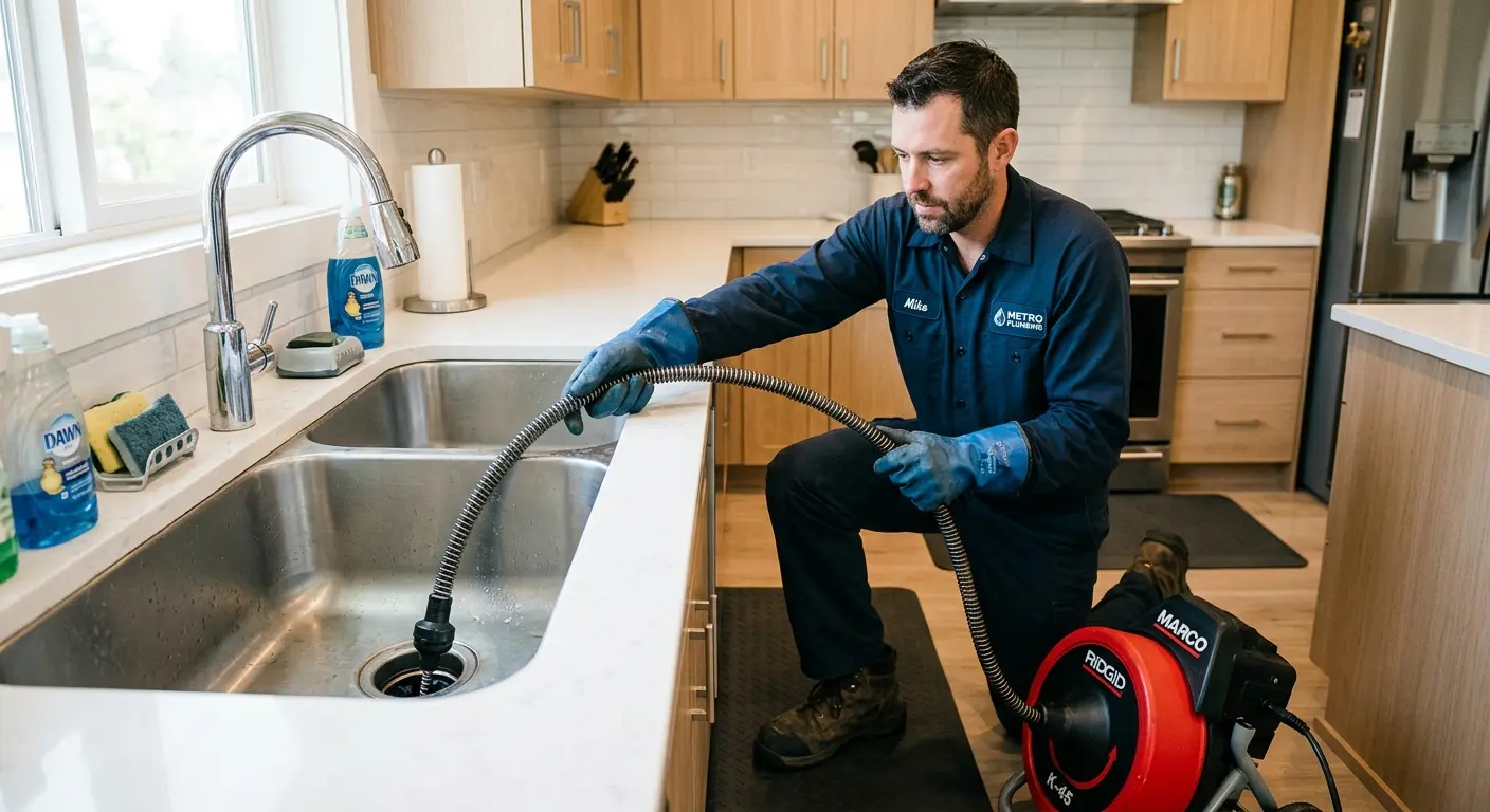 Drain cleaning technician using a motorized snake on a kitchen sink in Gun Barrel City