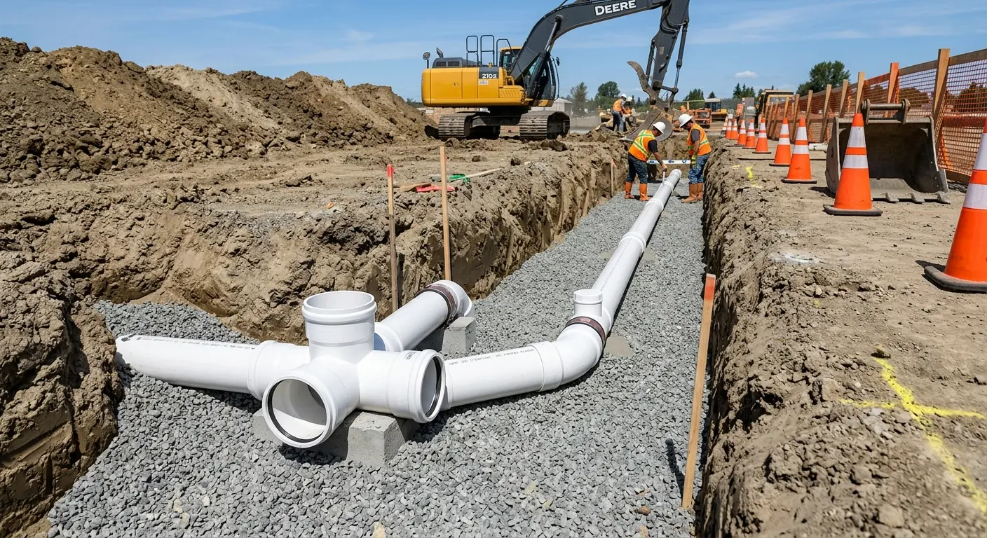 New PVC sewer pipe installation in open trench for Grease Trap Cleaning in Gun Barrel City