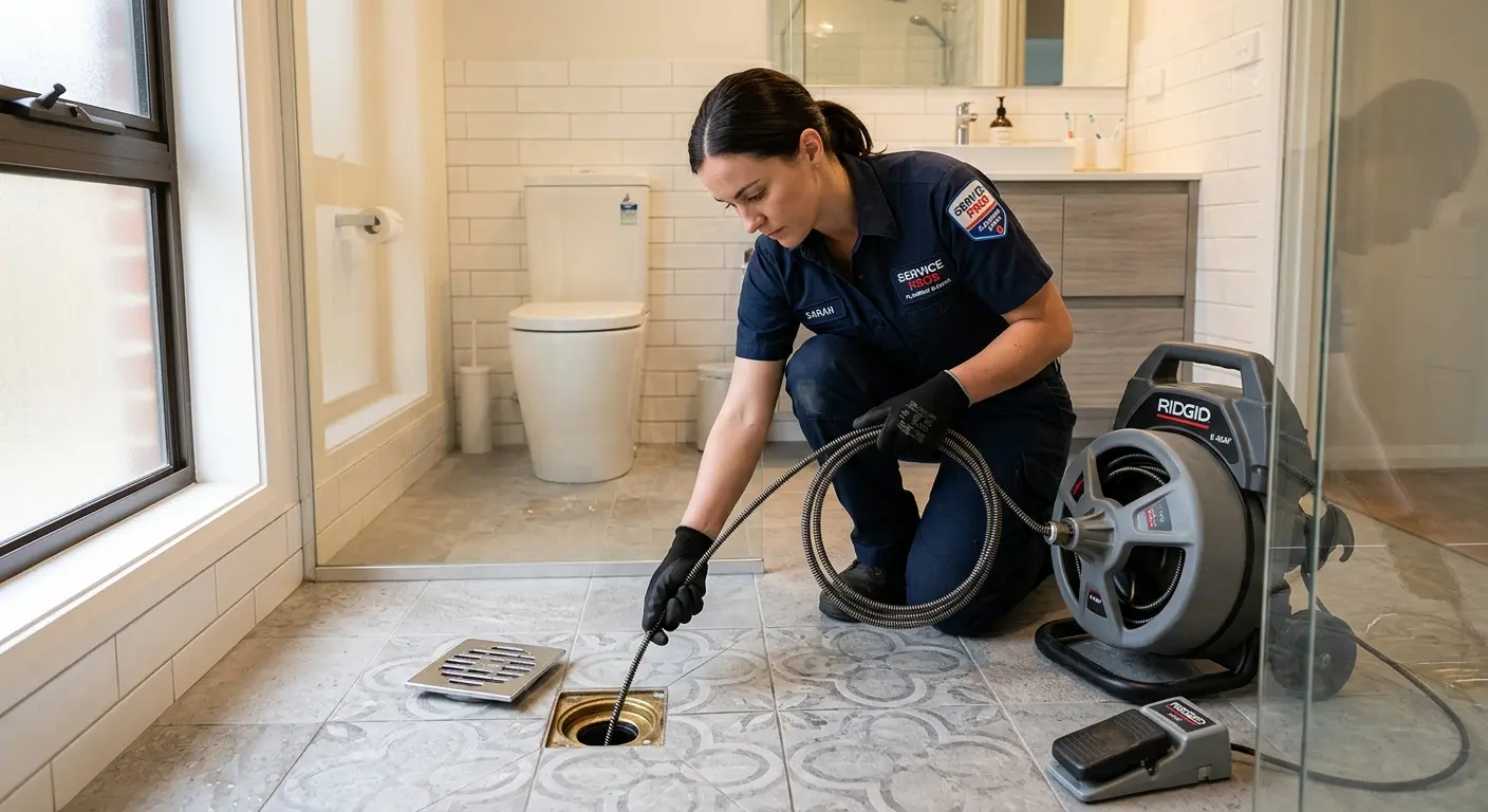 Technician clearing a bathroom floor drain for Clogged Drain Repair in Gun Barrel City